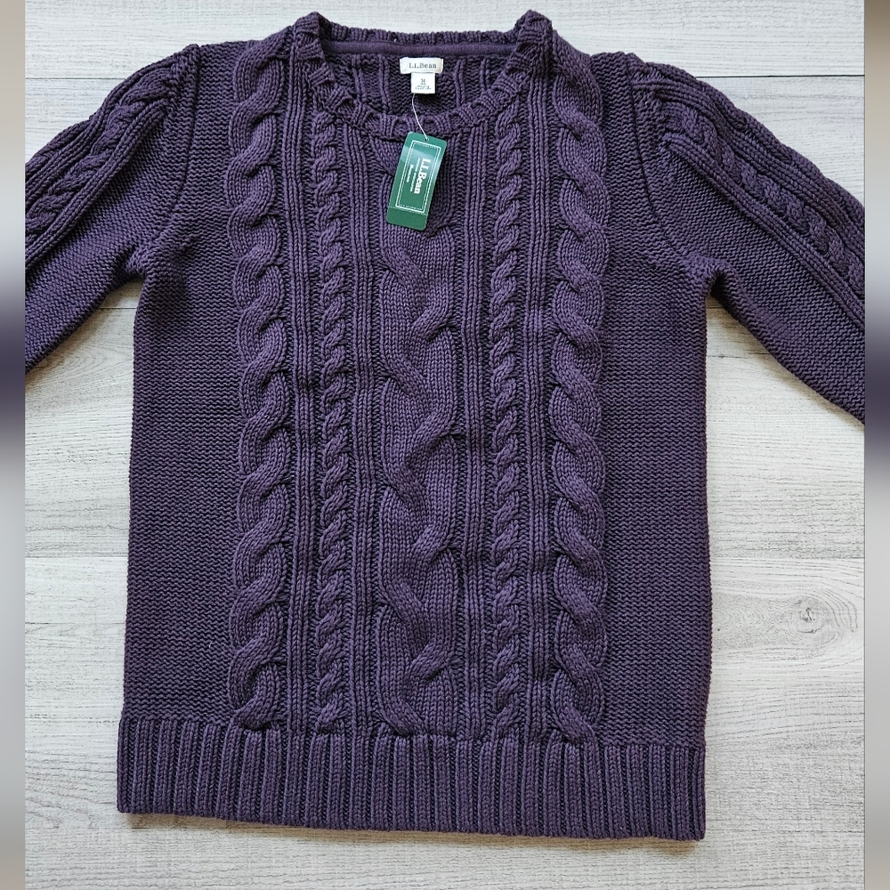 NFS L.L. Bean Double L Cable Knit Crewneck Sweater Deep Purple Womens Medium - Picture 2 of 8